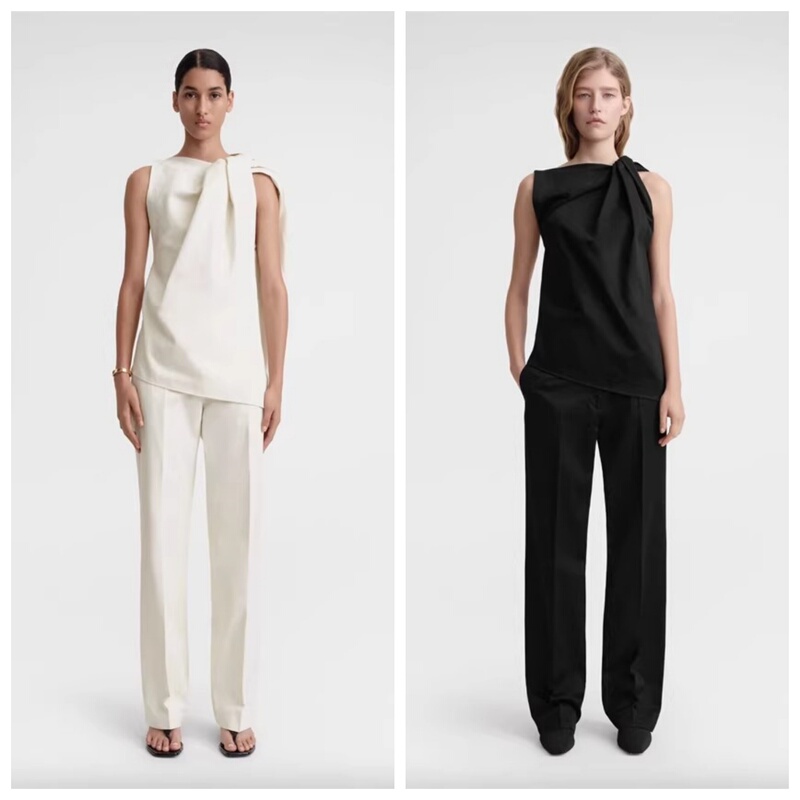 In Stock Tot New Summer Cotton-Linen Asymmetrical Twisted Shoulder Sleeveless Straight Shirt Top Vest