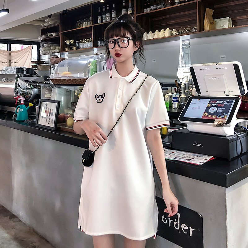 2021 pregnant women long short-sleeved t-shirt womens new loose casual white middle-length top lapel cartoon skirt
