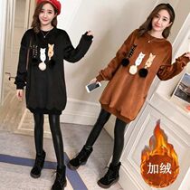 Autumn and winter Korean version of pregnant women new plus velvet thickened gold velvet embroidered sweater loose pregnant women long dress