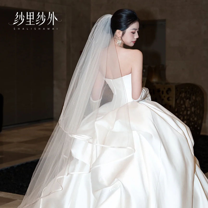 Veil, Bridal Main Wedding Dress, Satin-Edged Long Train, Large Train, Bride Wedding Makeup Styling, Photo Shoot Props Veil, Bridal Main Wedding Dress, Satin-Edged Long Train, Large Train, Bride Wedding Makeup Styling, Photo Shoot Props