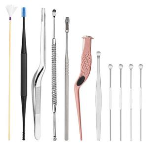 不锈钢双头螺旋式掏耳勺带灯镊子11件套装
