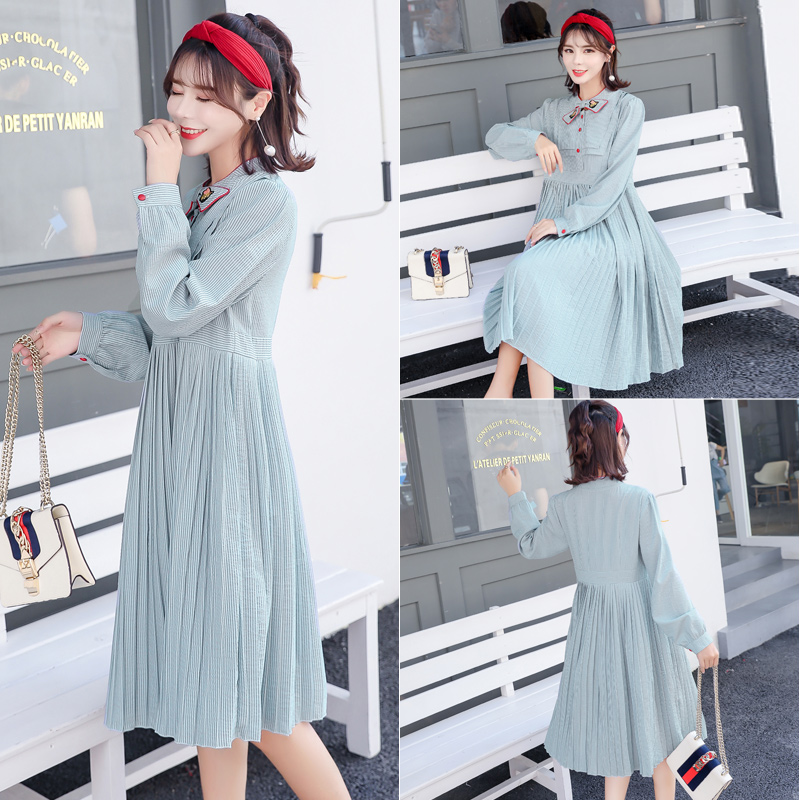 Pregnant Woman Foreign Dress Spring Autumn Clothing Fashion Boomer Fall Large Size Mid-Length Version Plexu Skirt-Less Shirt-Style Ocean Dress Autumn Dress