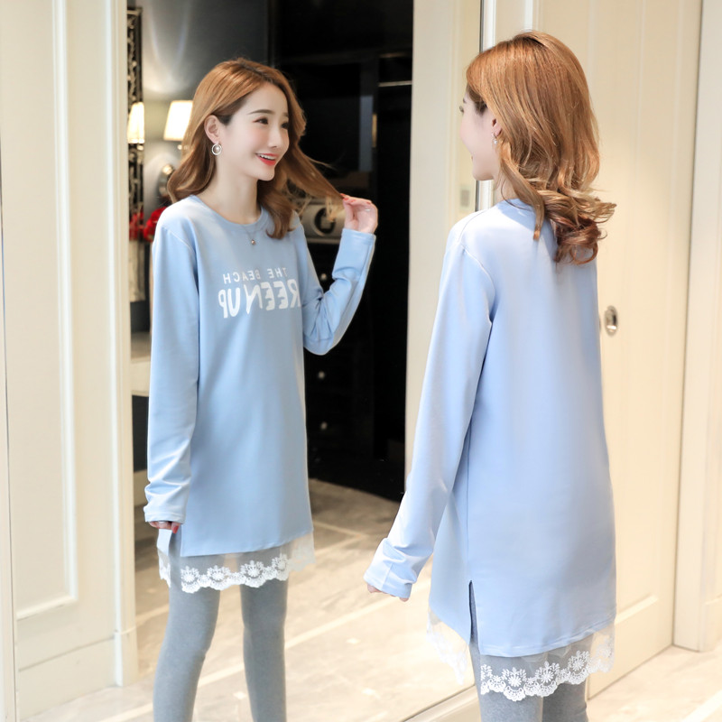 Pregnant woman blouses autumn long sleeve head thick cotton T splicing lace foreign dress autumn and winter bottling gestation of late gestation mother T-shirt suit
