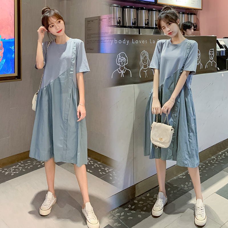 2022 summer clothes new pregnant women's foreign dress The long version of Europe and America over knee skirts foreign pie summer short sleeves Chauma blouses