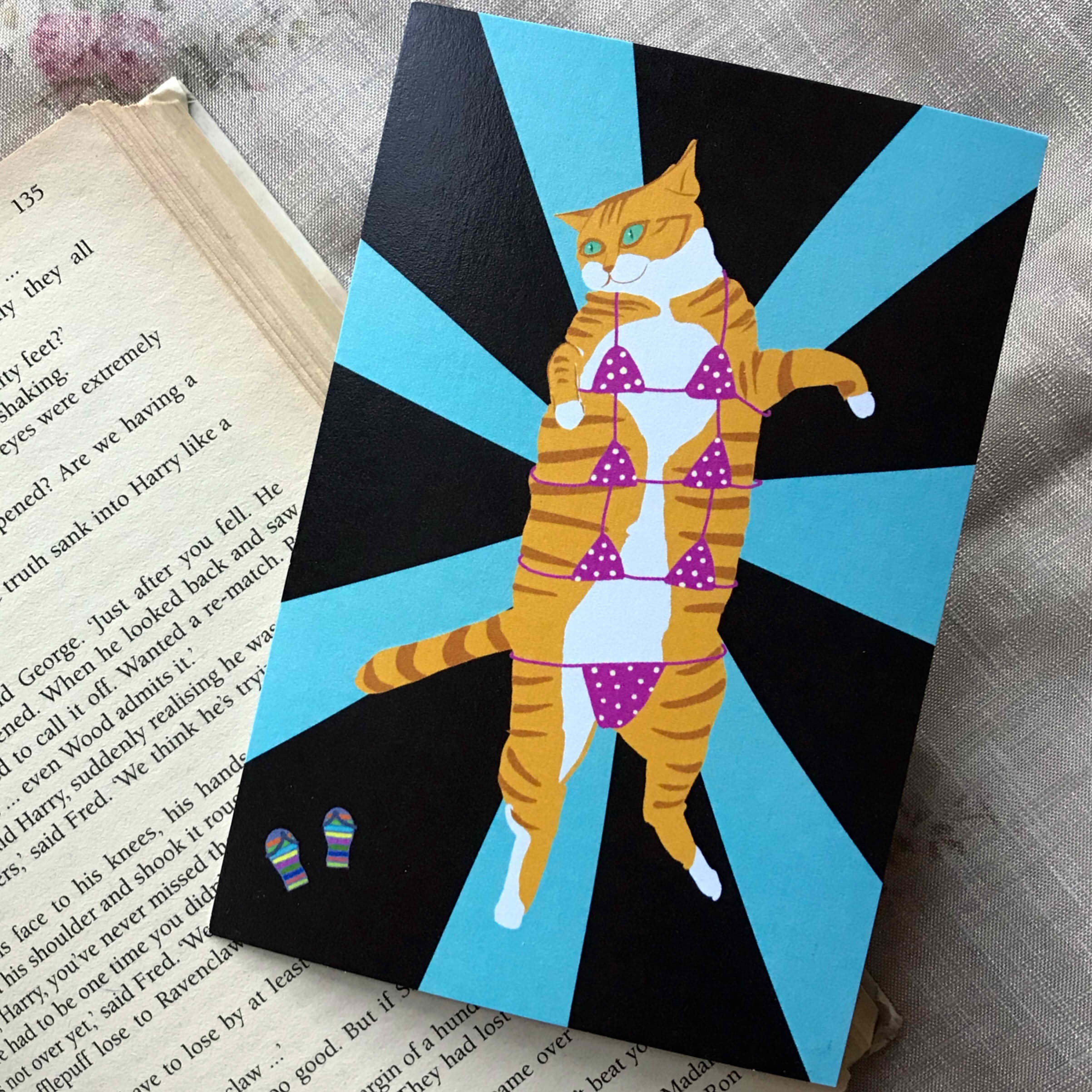 anly original] hand-painted greeting card postcard Bikini rock cat funny blue pearlescent purple card