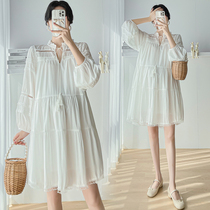 Maternity wear spring new style loose slimming tassel lace-up temperament half-open collar design age-reducing maternity dress