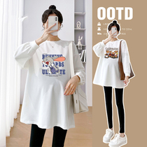 Maternity wear spring and autumn bottoming shirt pure cotton cute age-reducing cartoon printed top covering belly and slimming long-sleeved T-shirt summer