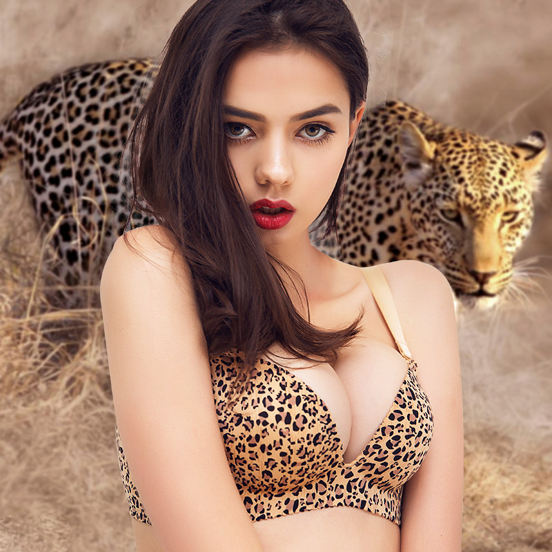Lingerie women's underwire-free sexy leopard print bra small breasts gathered without marks anti-sag retracted breast adjustment bra set