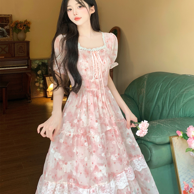Plus Size Women's Clothing 2025 New Sweet Super Fairy Pink Floral Square Collar Princess Slim and Gentle Style Holiday Dress