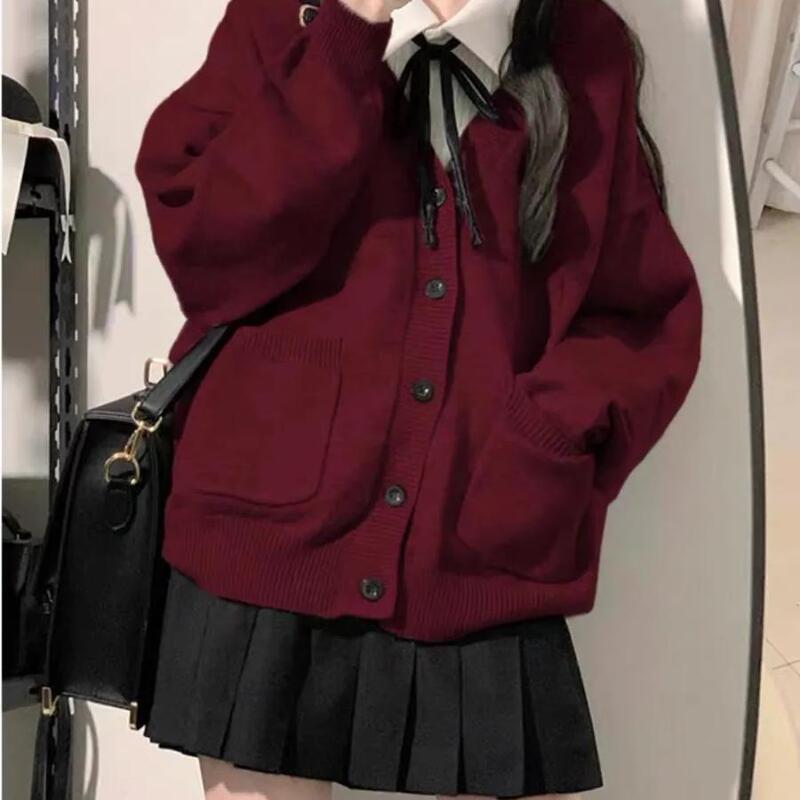 Plus Size Women's Japanese School Uniform Style Christmas Knit Sweater, Loose and Casual Autumn and Winter Long-Sleeve Cardigan Coat Sweater