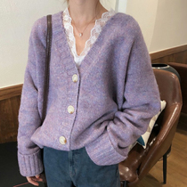 Purple v - collar gentle sweater woman in spring and autumn 2022 new Korean knitting coat wear outer wear