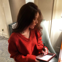 The sweater female in the new year red 2022 new autumn and winter sleeve lazy wind knitting blouse gas