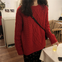 Red sweater 2022 autumn and winter new sleeve loose wear wear gas winter thickening blast