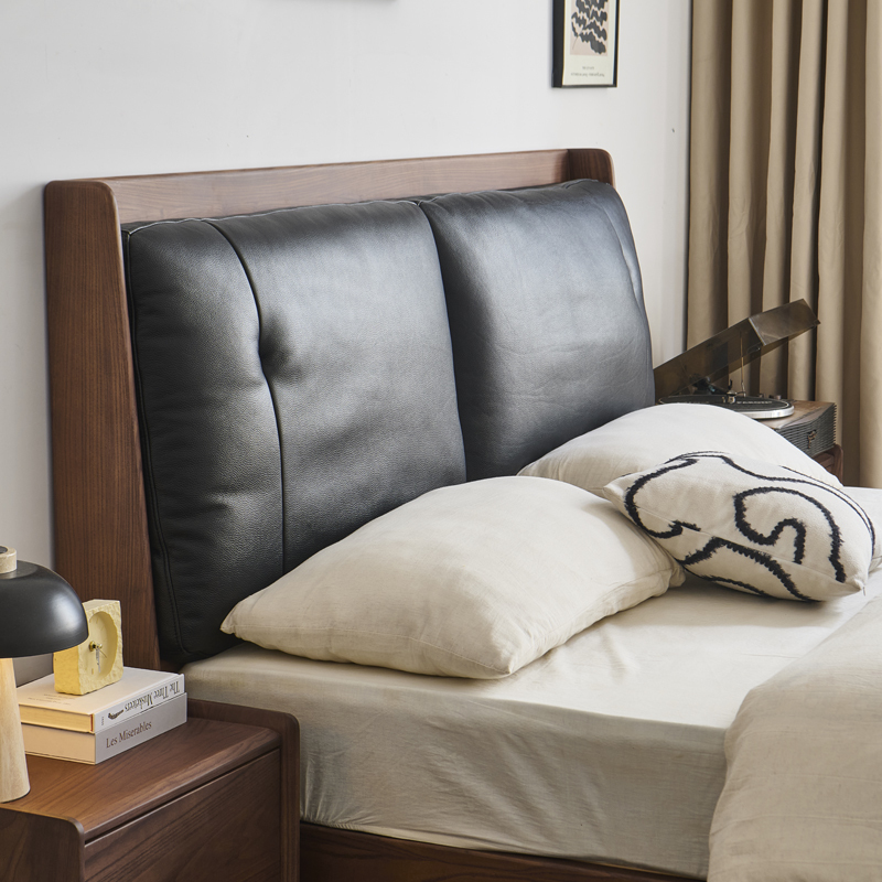 Solid Wood Bed 1.8m for Home Use, Light Luxury Double Bed 1.5m Bedroom Black Walnut Wood Suspended Leather Soft-Upholstered Bed Solid Wood Bed 1.8m for Home Use, Light Luxury Double Bed 1.5m Bedroom Black Walnut Wood Suspended Leather Soft-Upholstered Bed