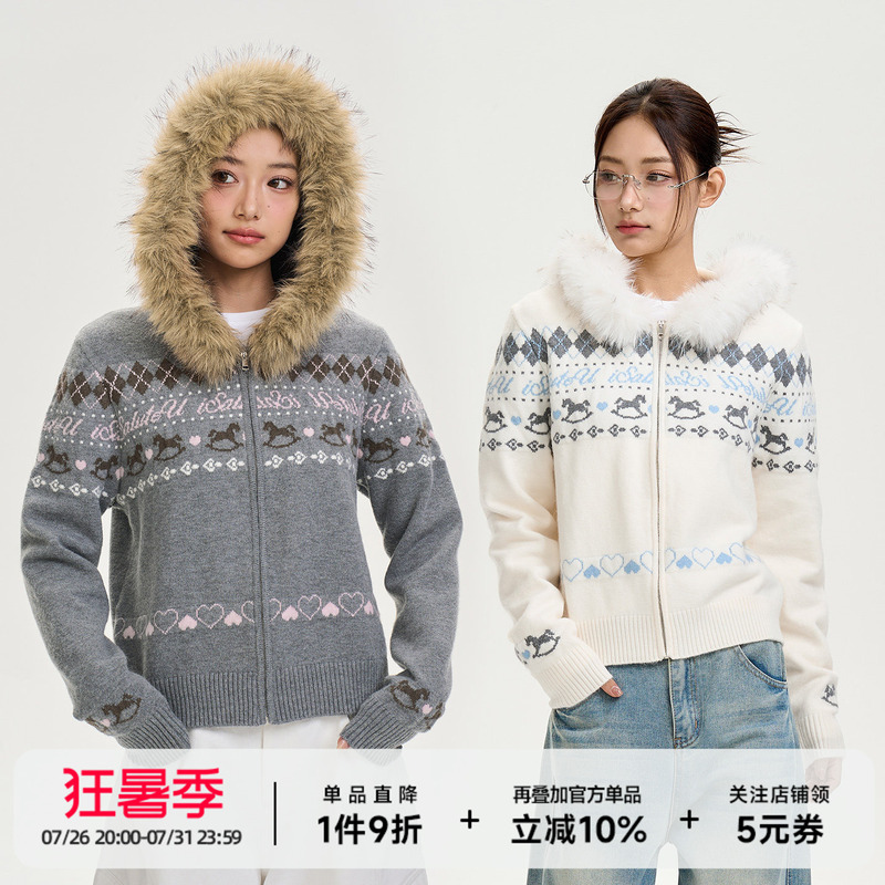 Isaluteu Fair Isle Sweater'New Year Album' Trendy Brand Autumn and Winter Couple's Large Fur Collar Color-Blocked Knitwear