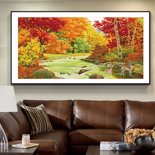 Голубая вода Золотая осень Вышивка крестиком 2025 Новый стиль Вышивка Гостиная Спальня Ресторан Лось Пейзаж Текущая вода приносит богатство Ручная вышивка