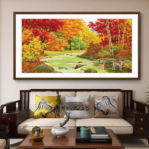 Голубая вода Золотая осень Вышивка крестиком 2025 Новый стиль Вышивка Гостиная Спальня Ресторан Лось Пейзаж Текущая вода приносит богатство Ручная вышивка