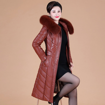 Haining leather down jacket womens long model mother size plus velvet thick leather jacket middle-aged zipper jacket winter