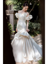 High level sensational satin fish tail light wedding dresses brides with a shoulder main yarn French style light lavish and a little crowdsourced out of the door