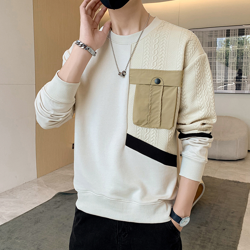 Long-Sleeve T-Shirt Men's Sweatshirt Spring and Autumn Trendy Brand Patchwork with Pockets Loose Inner Layer Base Shirt Top Clothing