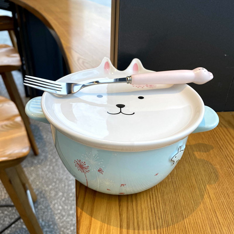 Mercifully rainbow such use ears ceramic bowl with cover and lovely young girl heart female student dormitory in the microwave bowl of soup bowl