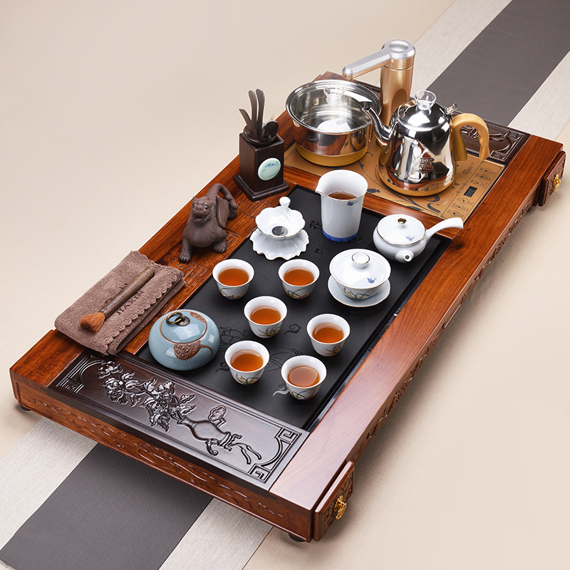 Shadow at hua limu blooming flowers, blue and white porcelain kung fu tea set automatic water solid wood tea tray household JX