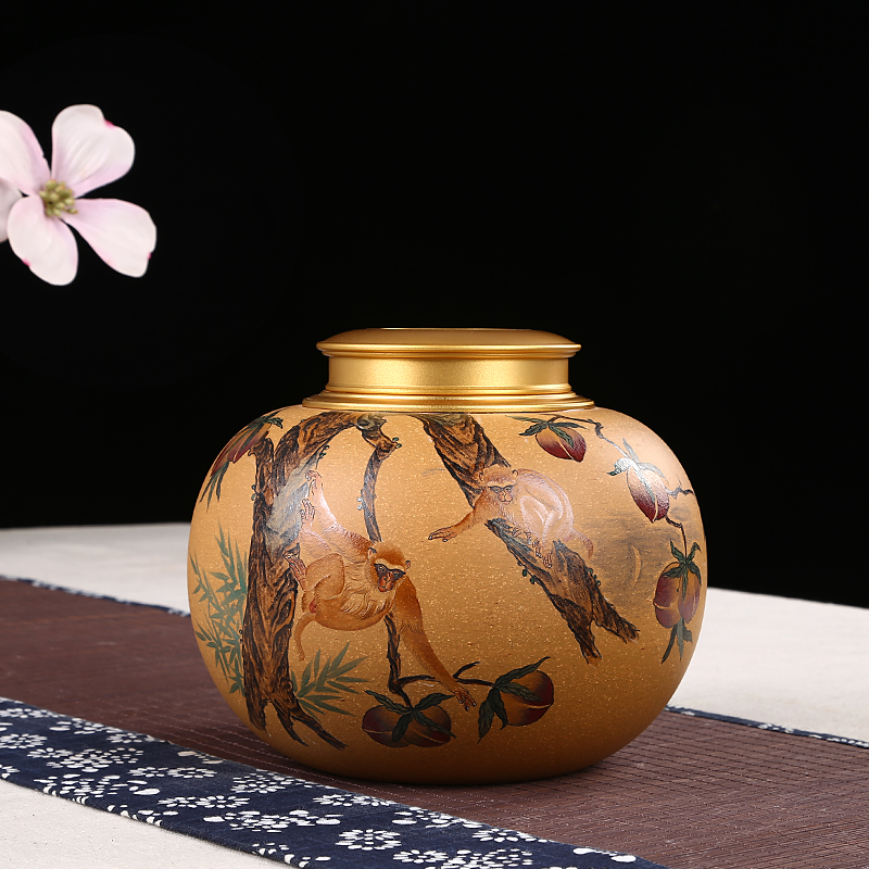 Shadow at yixing purple sand large storage seal all hand pu 'er tea pot iJ tea stick flower mud painting storage alloys