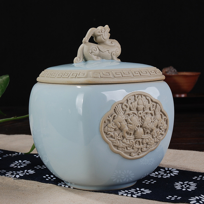 The great shadow enjoy code ceramic POTS guanyao anaglyph kirin celadon seal Chinese black tea caddy fixings large - sized DCXH