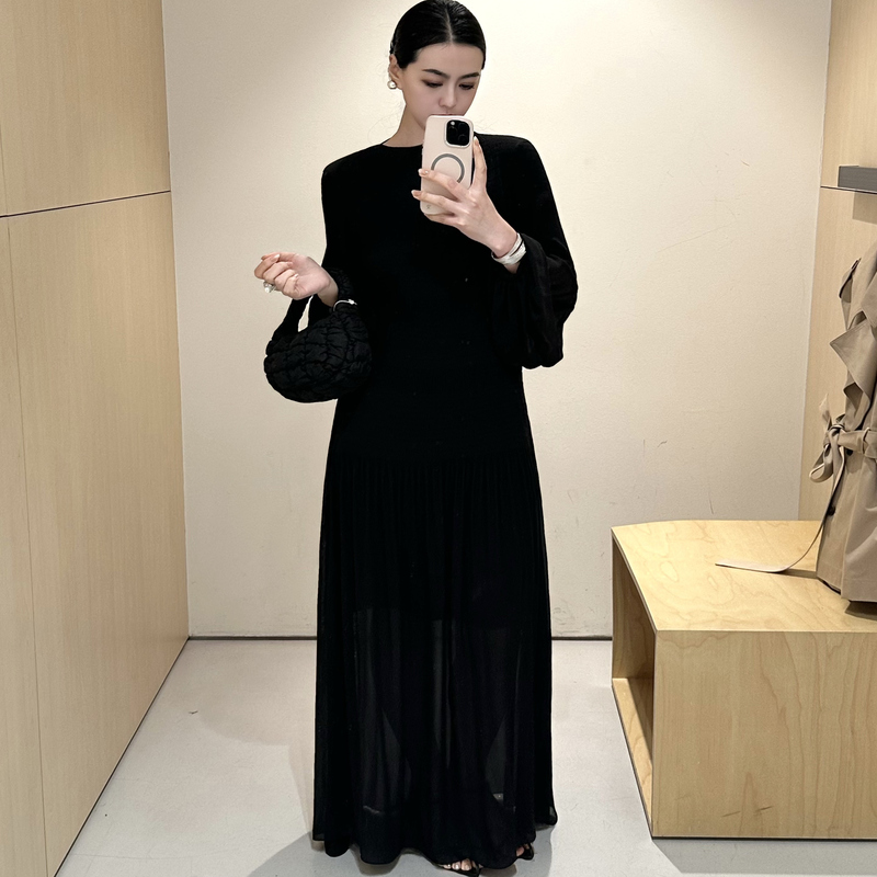 Zhangsutong Black Chiffon Dress for Women 2026 Spring and Summer New Style Pleated Elegant Fashion Long Dress