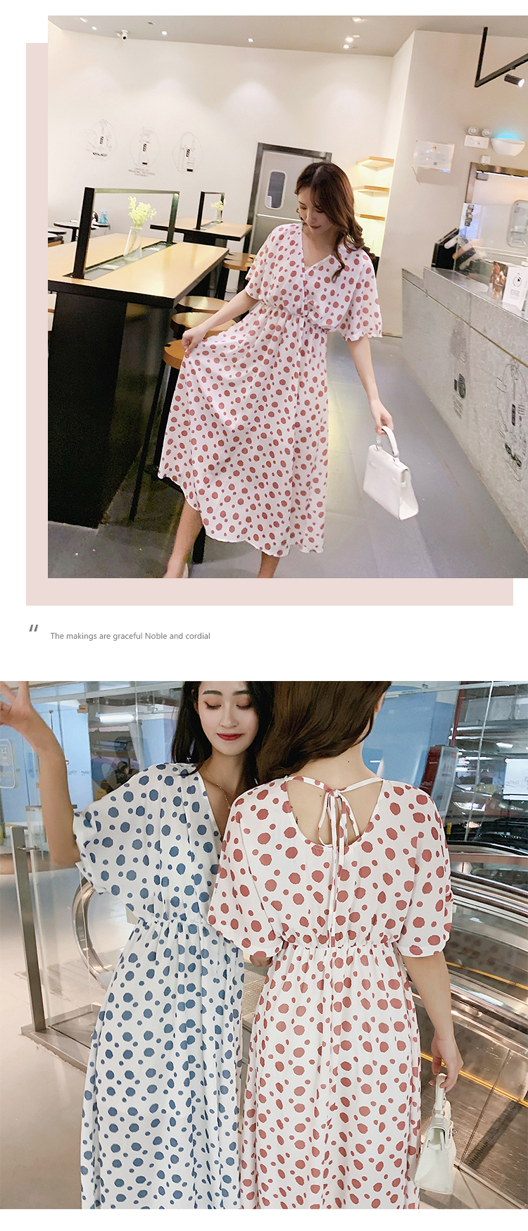 VK旗艦店 韓國風氣質復古波點V領雪紡圓點短袖洋裝