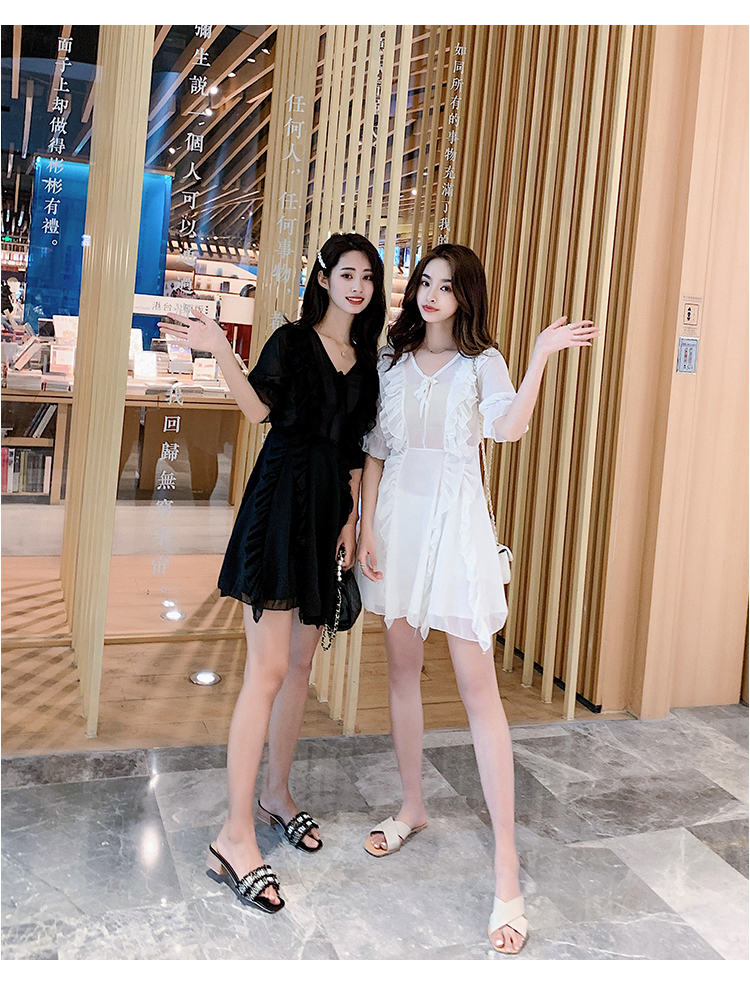 VK旗艦店 韓國風名媛木耳邊雪紡短版V領短袖洋裝