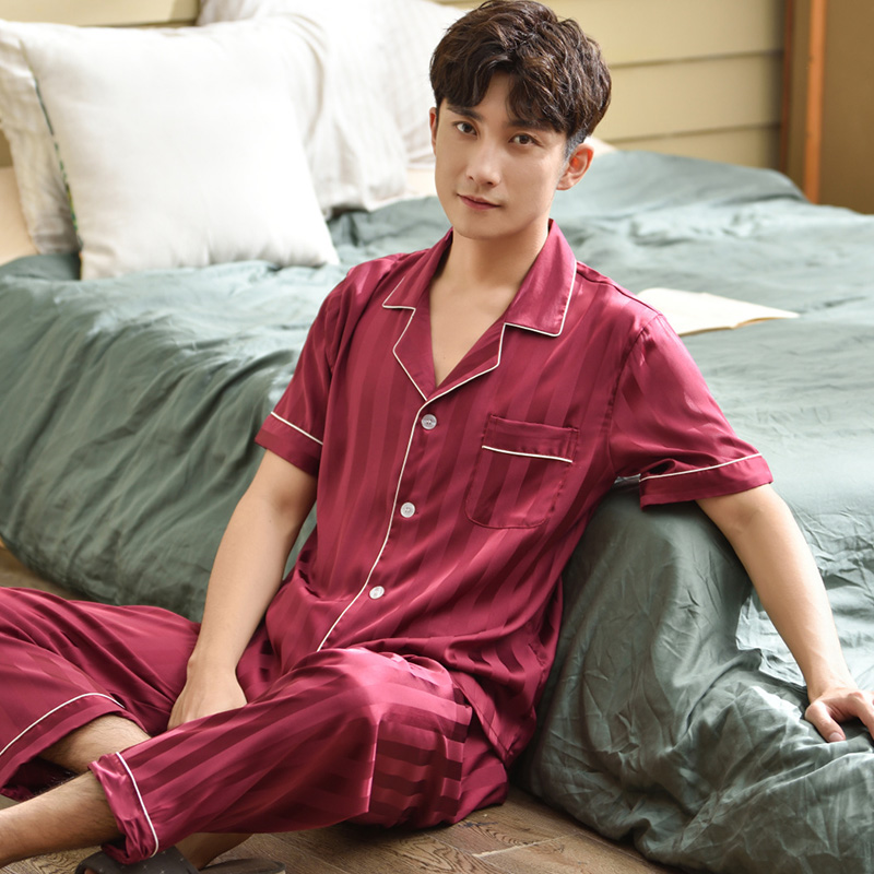 mens lụa ngắn tay pajama set mùa hè mỏng cỡ lớn băng cardigan giản dị loose-fitting mặc nhà hai mảnh bộ.