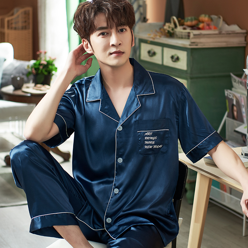 mens lụa ngắn tay pajama set mùa hè mỏng cỡ lớn băng cardigan giản dị loose-fitting mặc nhà hai mảnh bộ.