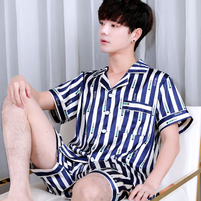 Mens mỏng ngắn tay lụa băng pajama thiết lập kích thước mùa hè tươi đơn giản lụa giản dị về nhà mặc hai mảnh bộ.