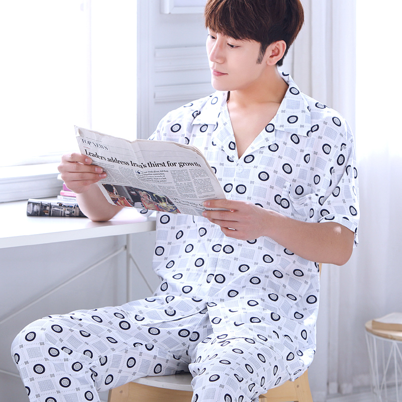 Quần Donnico Thin Pyjama Mens mùa hè ngắn tay áo Set sọc Couple San Francisco Mens Home Mang bông Silk