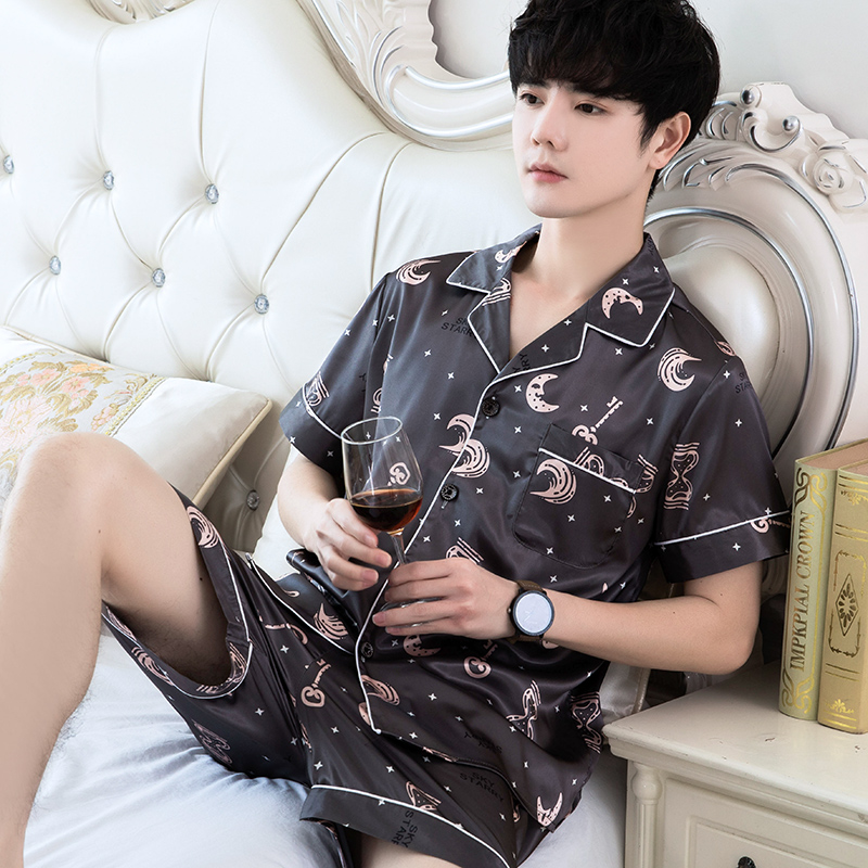 Mens mỏng ngắn tay lụa băng pajama thiết lập kích thước mùa hè tươi đơn giản lụa giản dị về nhà mặc hai mảnh bộ.