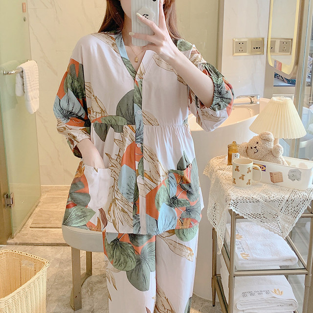 Pajamas ສໍາລັບແມ່ຍິງພາກຮຽນ spring ແລະດູໃບໄມ້ລົ່ນ 2024 ຝ້າຍໃຫມ່ຜ້າໄຫມແມ່ຍິງຊຸດຂະຫນາດໃຫຍ່ວ່າງບາງໆ summer ເຄື່ອງປັບອາກາດເຄື່ອງນຸ່ງຫົ່ມເຮືອນເຄື່ອງນຸ່ງຫົ່ມ