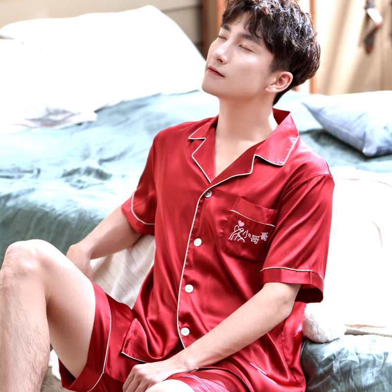 Mens mỏng ngắn tay lụa băng pajama thiết lập kích thước mùa hè tươi đơn giản lụa giản dị về nhà mặc hai mảnh bộ.