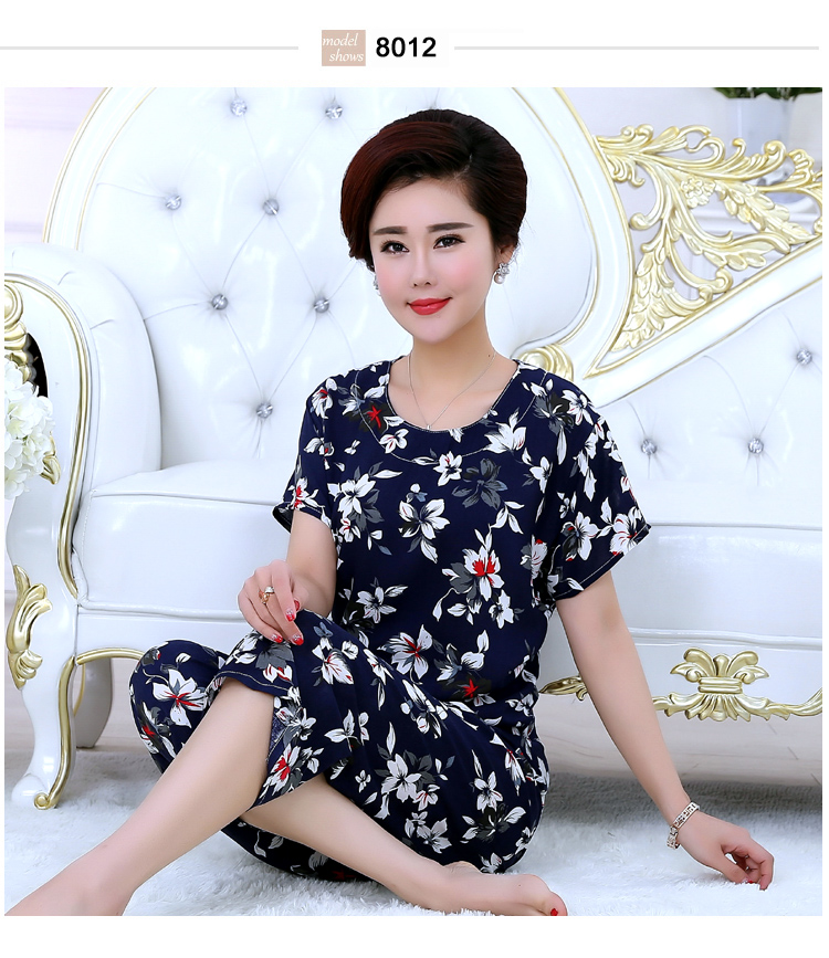 Bộ đồ ngủ mùa hè của phụ nữ ngắn tay phù hợp với trung niên bông mẹ ăn mặc mùa hè kích thước lớn vài bông lụa nhà dịch vụ mùa xuân và mùa thu mô hình shop đồ đôi nam nữ