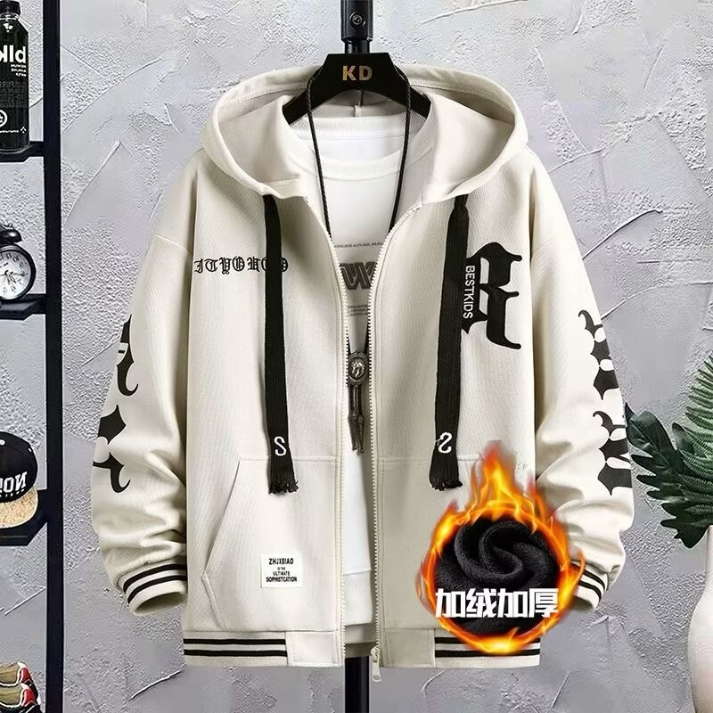 Fleece-Lined Thick Jacket for Men, Trendy Brand, New Winter Style, Stylish Zip-Up Sweatshirt, Student Youth Fashion Cardigan Outerwear Fleece-Lined Thick Jacket for Men, Trendy Brand, New Winter Style, Stylish Zip-Up Sweatshirt, Student Youth Fashion Cardigan Outerwear