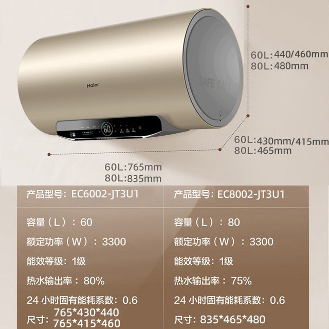 Haier 80 Liter Electric Water Heater 3300W Variable Frequency Fast Heating Intelligent Control Magnesium Rod Free Ec8002-Jt3U1