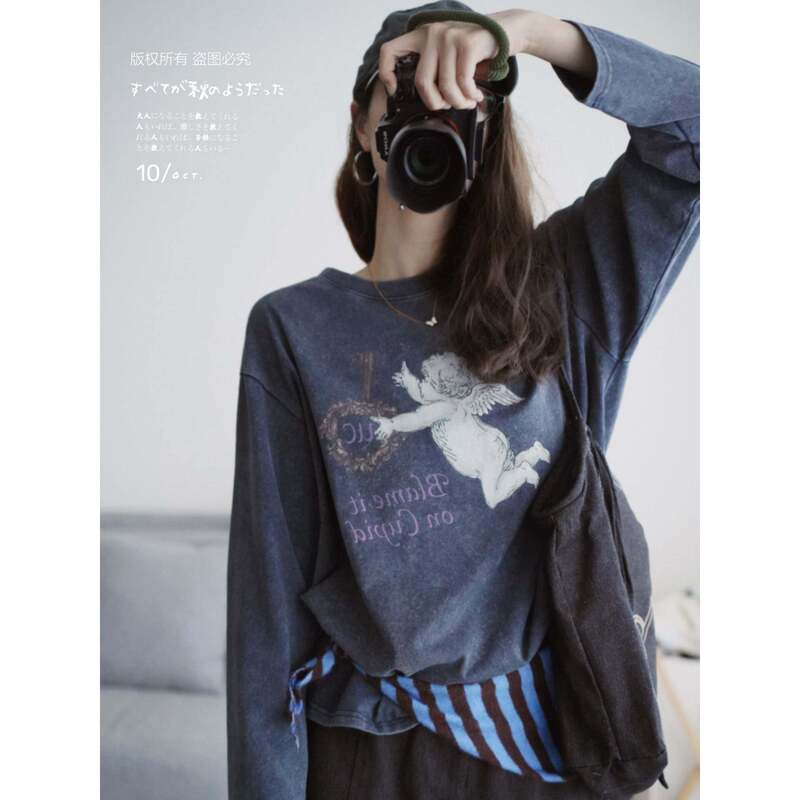 Zulestudio Key Angel Cupid T-Shirt American Retro Print Washed Base Shirt Long-Sleeved Cotton T-Shirt