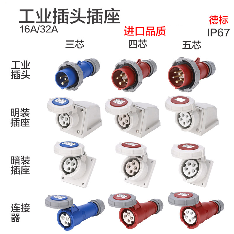 Aviation Industry Plug Socket Connector Clear Concealed 345-hole Core 16 32 32 63A waterproof ip67 Two-phase