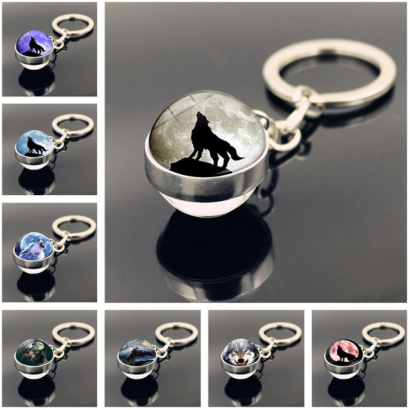 Howling Wolf Moon Time Gem Keychain Pendant Double-Sided Glass Ball Metal Keychain Ornament Small Gift
