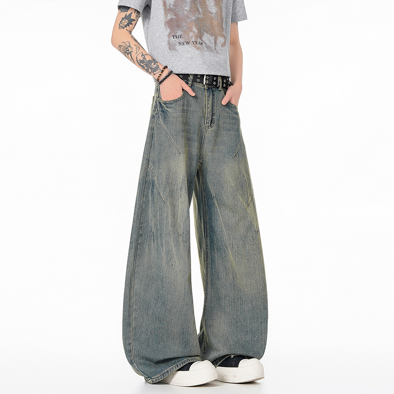 Lesstter Summer New Style Men's American Retro Loose Bamboo Pattern Scimitar Jeans Men's Wide-Leg Trousers Lesstter Summer New Style Men's American Retro Loose Bamboo Pattern Scimitar Jeans Men's Wide-Leg Trousers