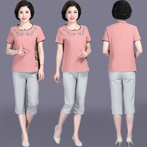 Middle Aged Women Summer Clothing Two Sets 2019 New Seniors Short Sleeve T-shirt Foreign Air Mom Summer Cotton Linen Suit