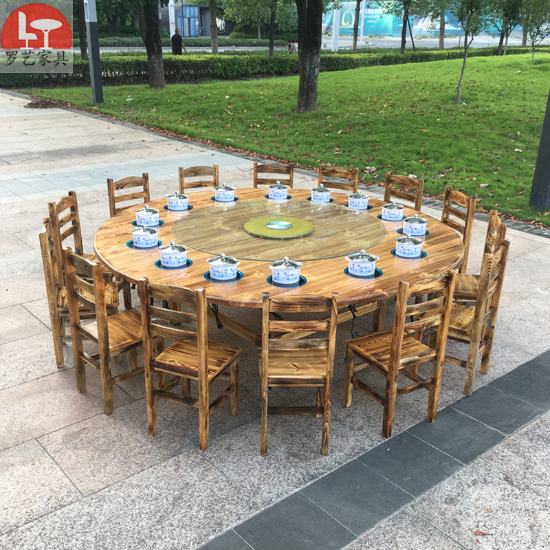 Solid wood hot pot table and chairs induction cooker one person one pot table restaurant round table dining room leisure farm size round table