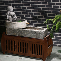 Old stone tank fish tank wood frame in combination stone sink raising fish pool indoor balcony Chinese running water landscape pendulum