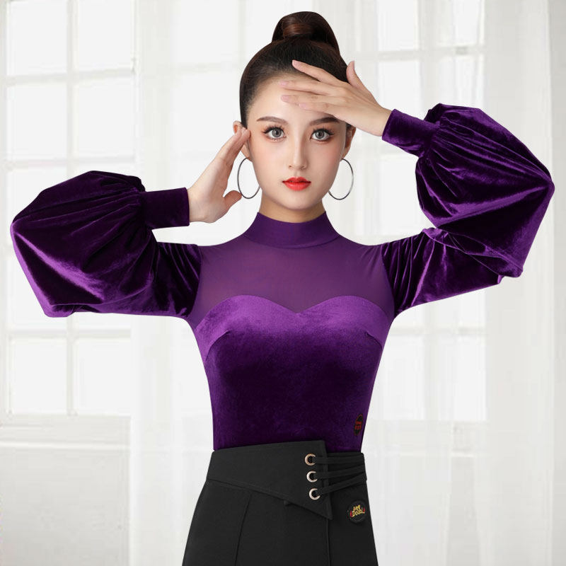 Dampao Ropurple Velvet Waltz Dance Suit High Collar Warm Blouse Women Autumn Winter Social Dance Long Sleeve Dress