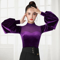 Dampao Ropurple Velvet Waltz Dance Suit High Collar Warm Blouse Women Autumn Winter Ballroom Dancing Long Sleeve One-piece Suit